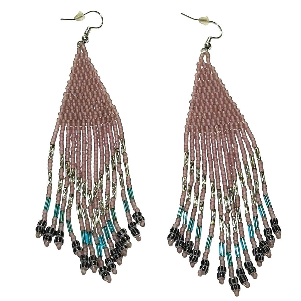 Boho Beaded Fringe Earrings Pink Turquoise Black Long Dangle Earrings